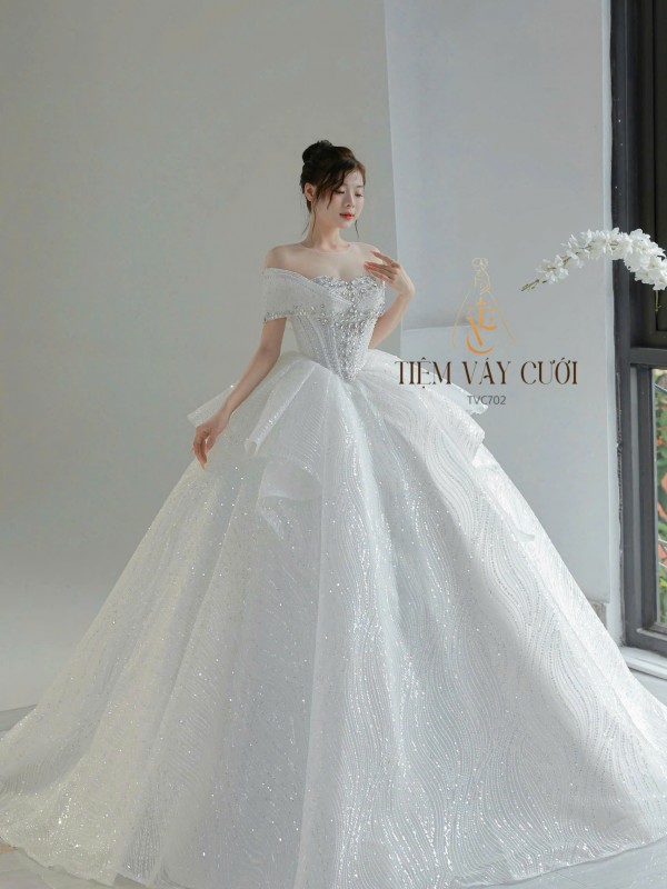 TVC702 Váy Cưới Làm Lễ, Đầm Cưới Đi Tiệc, Cúp Ngực, Bệt Vai Ngang