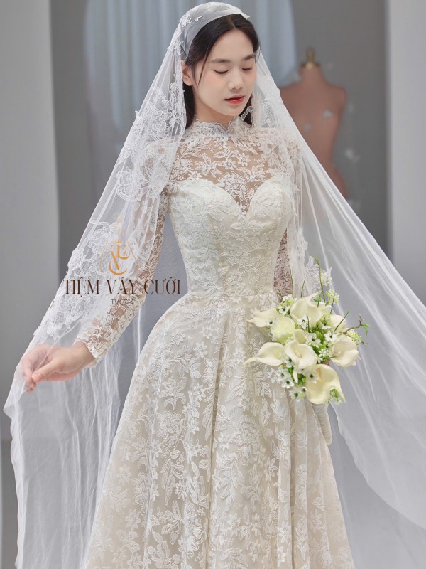 TVC714 Váy Cưới Đi Bàn, Đầm Cưới Dài Tay, Ren, Hoạ Tiết
