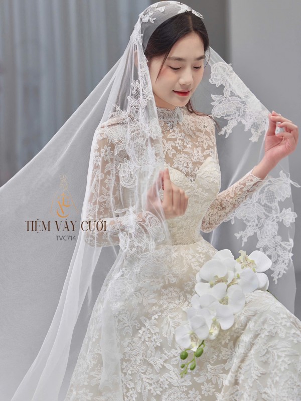TVC714 Váy Cưới Đi Bàn, Đầm Cưới Dài Tay, Ren, Hoạ Tiết