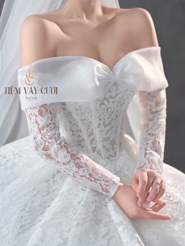 TVC715 Váy Cưới Làm Lễ, Đầm Cưới Đi Tiệc, Bệt Vai Ngang, Ren Thiết Kế