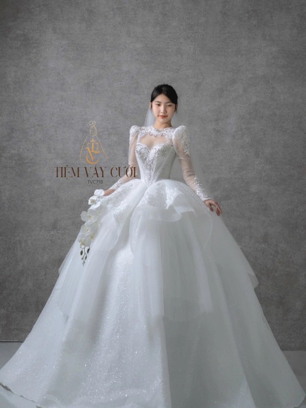 TVC718 Váy Cưới Làm Lễ, Đầm Cưới Đi Tiệc Tay Dài, Kim Sa