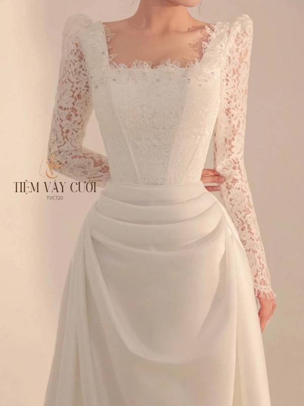 TVC720 Váy Cưới Đi Bàn, Đầm Cưới Dáng Xuông, Cổ Vuông, Tay Dài