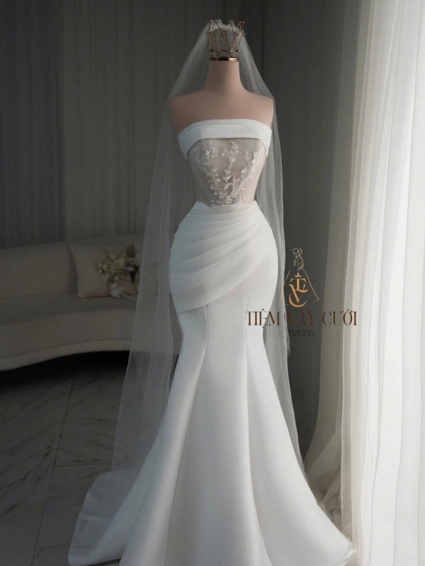 TVC735 Váy Cưới Đi Bàn, Đầm Cưới Đuôi Cá, Cúp Ngực, Dáng Ôm