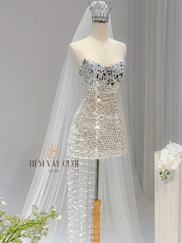 TVC736 Váy Cưới Đi Bàn, Đầm Cưới Đuôi Cá, Cúp Ngực, Hoạ Tiết, Xẻ Tà