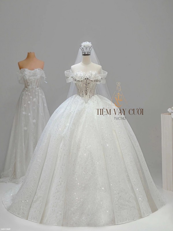 TVC742 Váy Cưới Làm Lễ, Đầm Cưới Công Chúa, Dáng Xoè, Cúp Ngực, Đính Đá