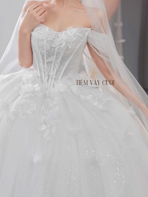 TVC743 Váy Cưới Làm Lễ, Đầm Cưới Cao Cấp, Hoa 3D, Cúp Ngực