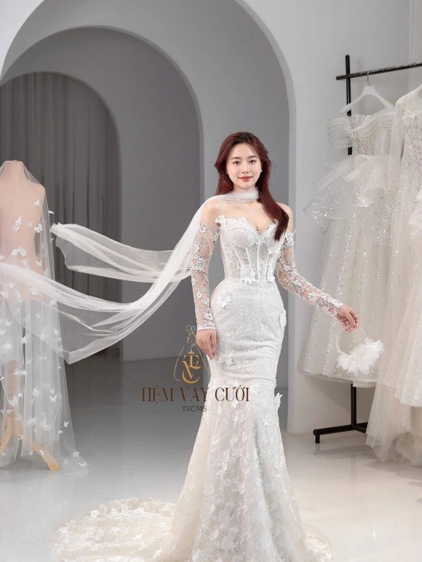 TVC745 Váy Cưới Đi Bàn, Đầm Cưới Đuôi Cá, Cúp Ngực, Hoạ Tiết