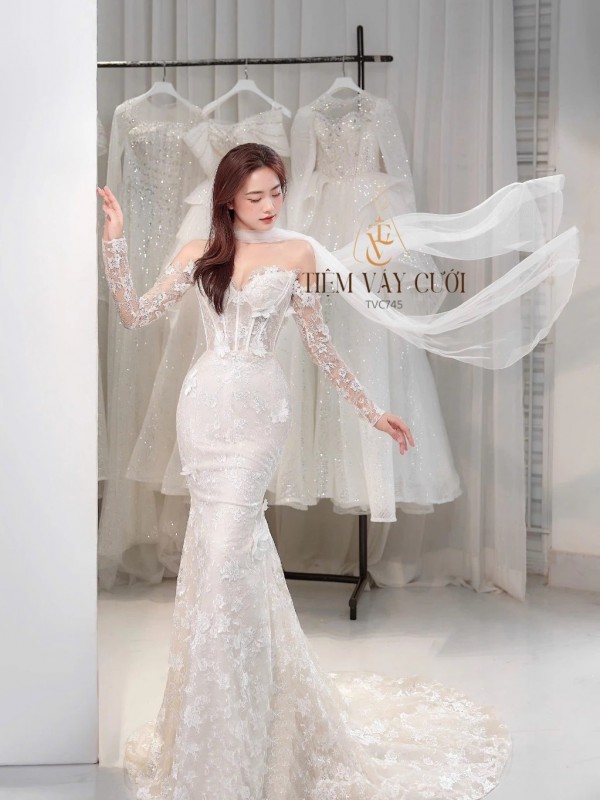 TVC745 Váy Cưới Đi Bàn, Đầm Cưới Đuôi Cá, Cúp Ngực, Hoạ Tiết