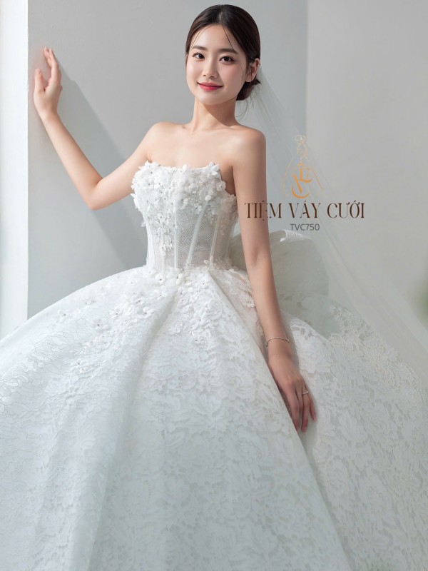TVC750 Váy Cưới Làm Lễ, Đầm Cưới Cao Cấp, Bệt Vai Ngang, Hoa 3D,  tay rời, nơ rời