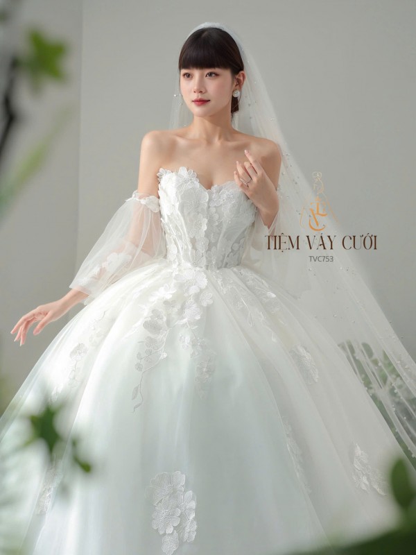 TVC753 Váy Cưới Làm Lễ, Đầm Cưới Đi Tiệc, Cúp Ngực, Dáng Xoè, Ren, Đính Hoa