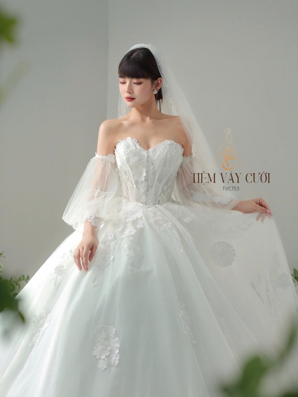 TVC753 Váy Cưới Làm Lễ, Đầm Cưới Đi Tiệc, Cúp Ngực, Dáng Xoè, Ren, Đính Hoa
