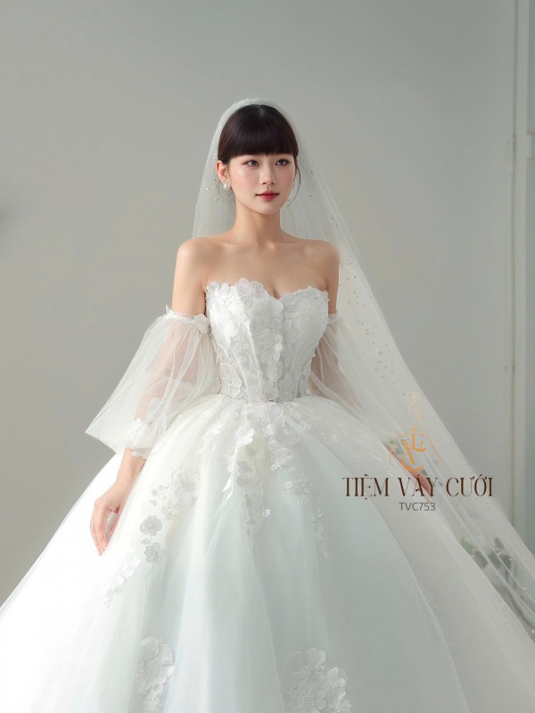 TVC753 Váy Cưới Làm Lễ, Đầm Cưới Đi Tiệc, Cúp Ngực, Dáng Xoè, Ren, Đính Hoa