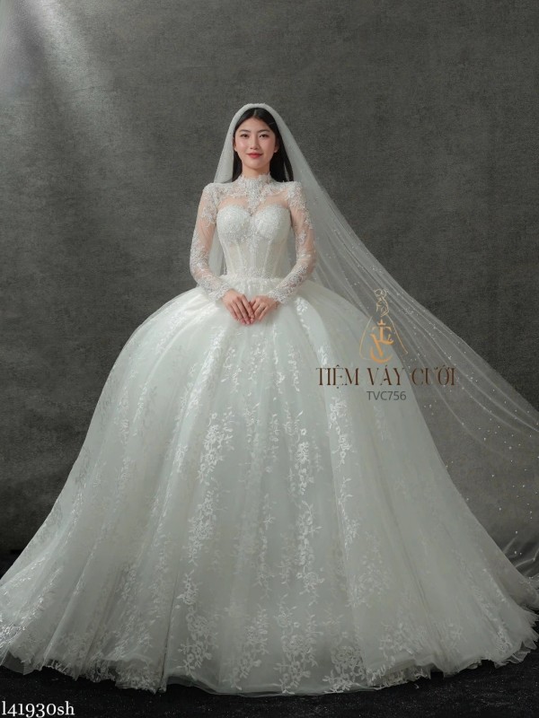 TVC756 Váy Cưới Làm Lễ, Váy Cưới Tiệc Cúp Ngực, Dài Tay, Kim Sa