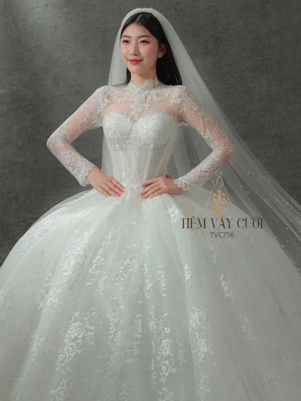 TVC756 Váy Cưới Làm Lễ, Váy Cưới Tiệc Cúp Ngực, Dài Tay, Kim Sa