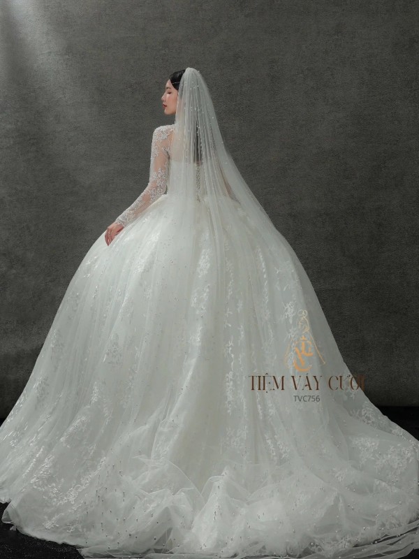 TVC756 Váy Cưới Làm Lễ, Váy Cưới Tiệc Cúp Ngực, Dài Tay, Kim Sa