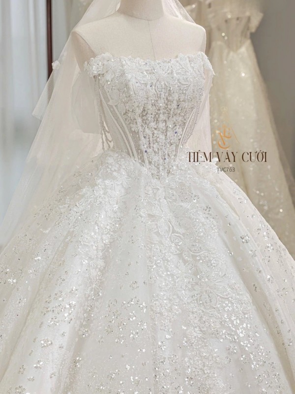 TVC763 Váy Cưới Làm Lễ, Đầm Cưới Đi Tiệc, Đính Hoa 3D, Cúp Ngực