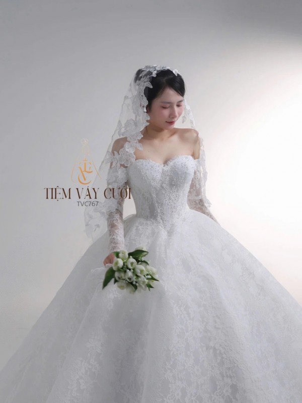 TVC767 Váy Cưới Làm Lễ, Đầm Cưới Đi Tiệc, Cúp Ngực, Dài Tay, Xếp Ly, Cổ Rời