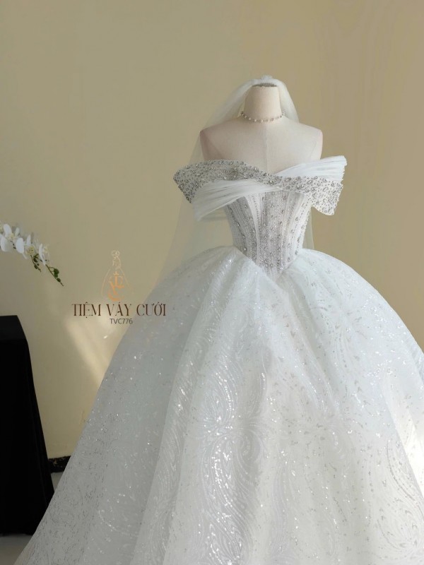 TVC776 Váy Cưới Đi Tiệc, Đầm Cưới Dáng Xuông, Cúp ngực, Đính ngọc