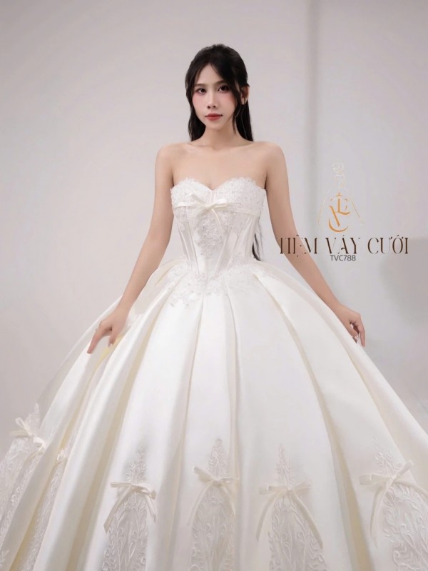 TVC788 Váy Cưới Làm Lễ, Đầm Cưới Cô Dâu, Cúp Ngực, Hoạ Tiết