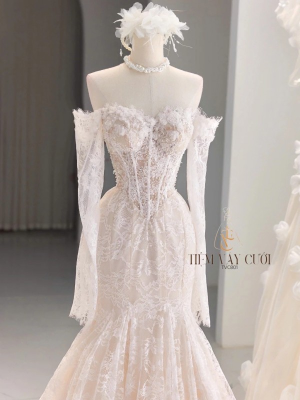 TVC801 Váy Cưới Đi Bàn, Đầm Cưới Đuôi Cá, Cúp Ngực, Dáng Ôm