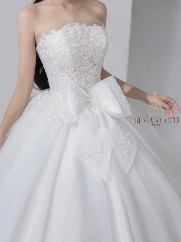 TVC806 Váy Cưới Làm Lễ, Đầm Cưới Đi Tiệc, Dài Tay, Kim Sa, Cúp Ngực, Tùng Bồng