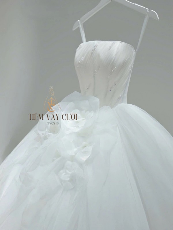 TVC810 Váy Cưới Làm Lễ, Đầm Cưới Tiệc, Cúp Ngực, Hoa 3D
