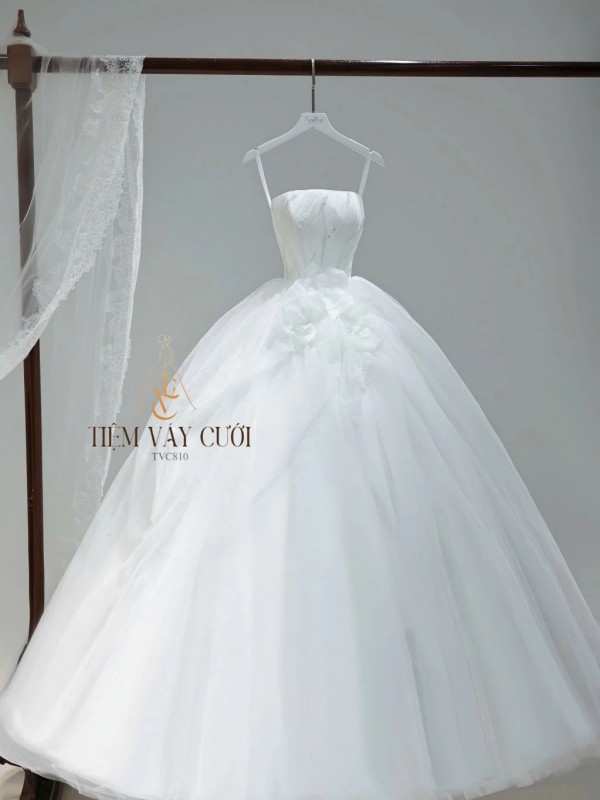 TVC810 Váy Cưới Làm Lễ, Đầm Cưới Tiệc, Cúp Ngực, Hoa 3D