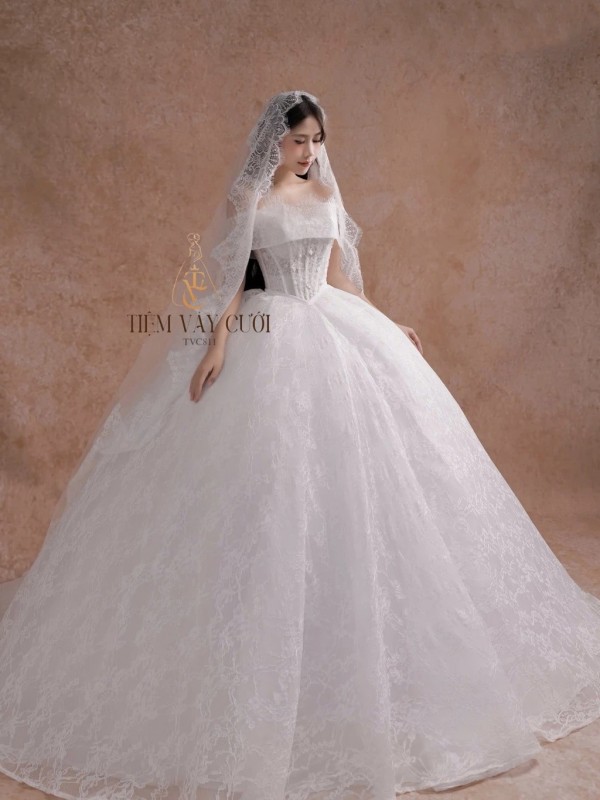 TVC811 Váy Cưới Làm Lễ, Đầm Cưới Đi Tiệc, Bệt Vai Ngang, Xếp Ly, Tùng Bồng