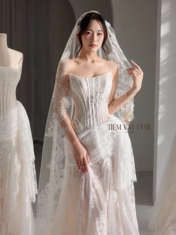 TVC813 Váy Cưới Đi Bàn, Đầm Cưới Đuôi Cá, Ren , Tà Lệch