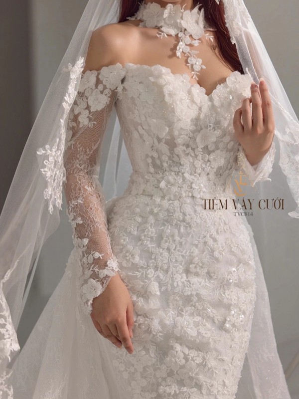 TVC814 Váy Cưới Đi Bàn, Đầm Cưới Đuôi Cá, Tà rời, Ren