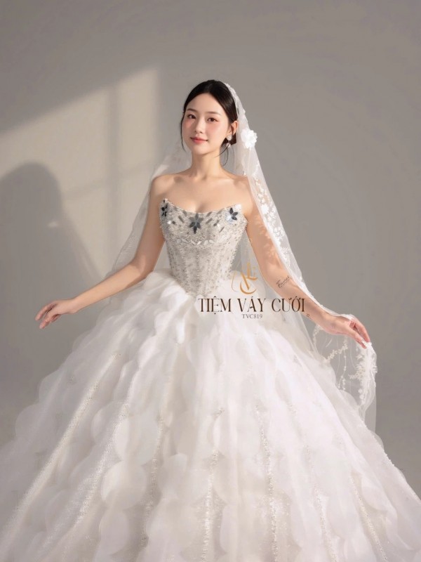 TVC819 Váy Cưới Làm Lễ, Váy Cưới Tiệc Cúp Ngực, Vải Phi Nhật, Ren, Váy Thiết Kế