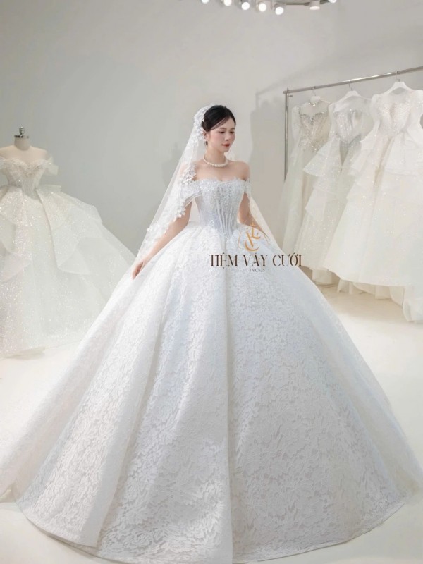 TVC825 Váy Cưới Làm Lễ, Đầm Cưới Tiệc, Trễ Vai, Đính Đá