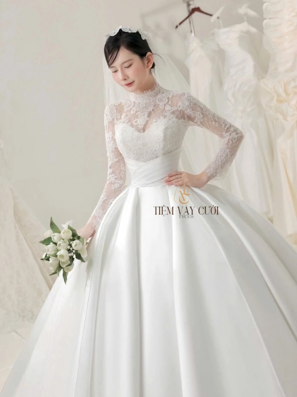 TVC826 Váy Cưới Dáng Xoè Bồng Bềnh, Ren Lưới Trắng, Tặng Tùng Voan Mút Ngực, Đầm Cưới Dài Tay Vai Bồng