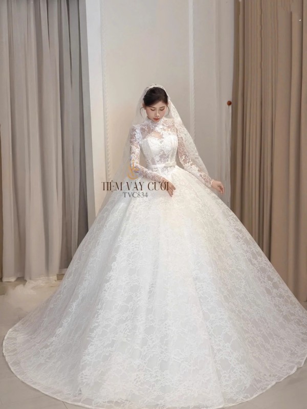 TVC834 Váy Cưới Làm Lễ, Đầm Cưới Đi Tiệc, Dài Tay, Kim Tuyến
