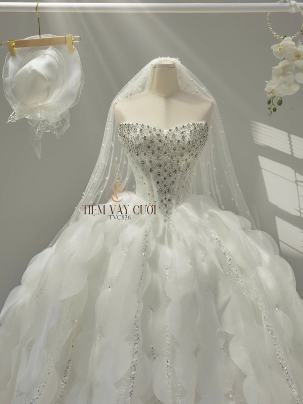 TVC836 Váy Cưới Làm Lễ, Đầm Cưới Đi Tiệc, Nơ 3D, Cúp Ngực
