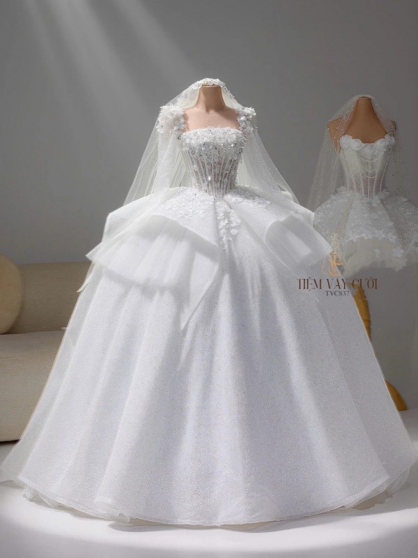 TVC837 Váy Cưới Làm Lễ, Đầm Cưới Đi Tiệc, Dáng Xoè, Dài Tay, Cúp Ngực, Đính Đá