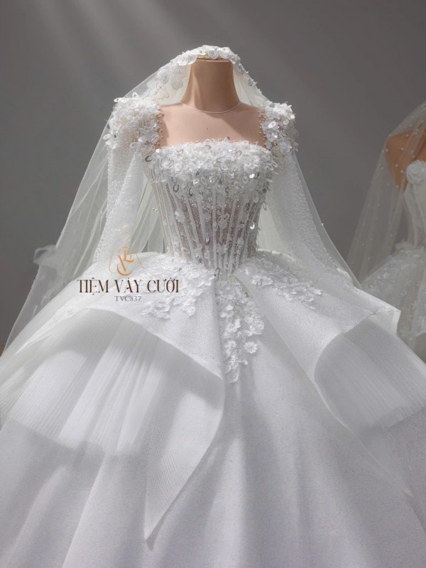 TVC837 Váy Cưới Làm Lễ, Đầm Cưới Đi Tiệc, Dáng Xoè, Dài Tay, Cúp Ngực, Đính Đá