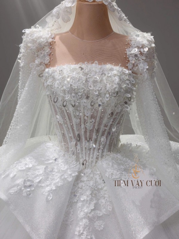 TVC837 Váy Cưới Làm Lễ, Đầm Cưới Đi Tiệc, Dáng Xoè, Dài Tay, Cúp Ngực, Đính Đá