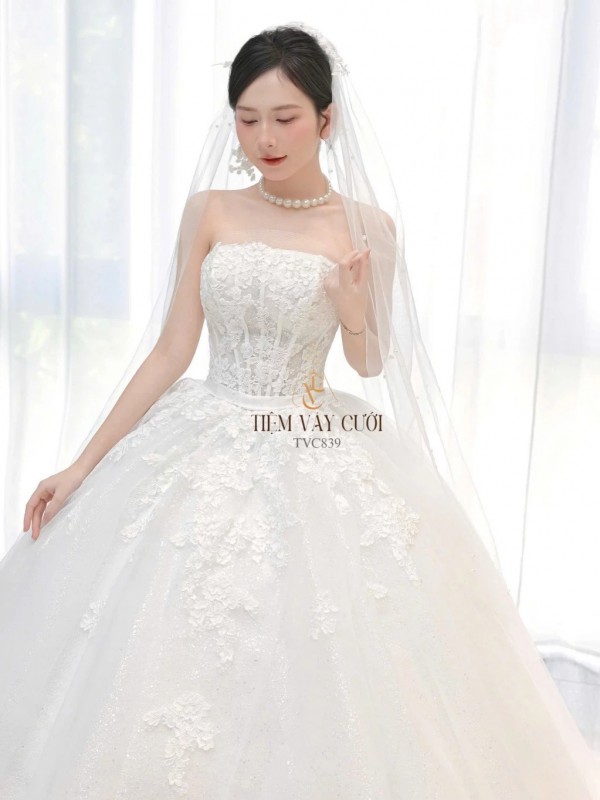 TVC839 Váy Cưới Làm Lễ, Đầm Cưới Lông Vũ, Cúp Ngực, Dáng Xoè