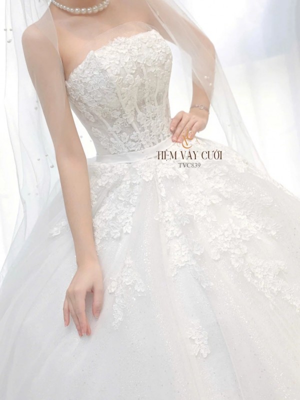 TVC839 Váy Cưới Làm Lễ, Đầm Cưới Lông Vũ, Cúp Ngực, Dáng Xoè