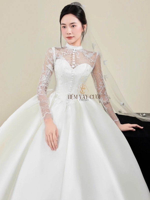 TVC843 Váy Cưới Làm Lễ, Đầm Cưới Dáng Xoè Bồng Bềnh, Dài Tay, Cúp Ngực, Đính Đá