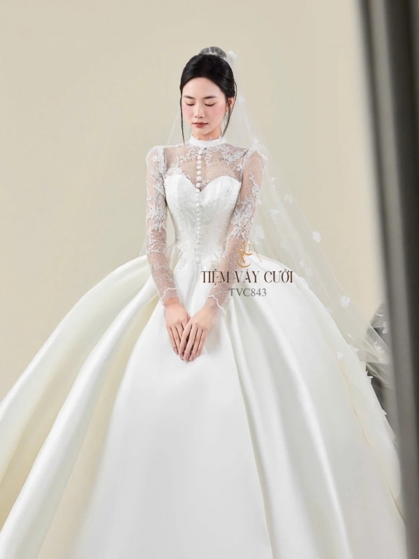 TVC843 Váy Cưới Làm Lễ, Đầm Cưới Dáng Xoè Bồng Bềnh, Dài Tay, Cúp Ngực, Đính Đá
