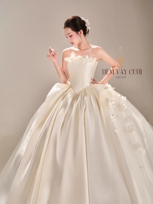TVC859 Váy Cưới Làm Lễ,Váy Cưới Cô Dâu, Đầm Cưới Tiệc, Vải Phi, Hoa 3D, Tùng Bồng