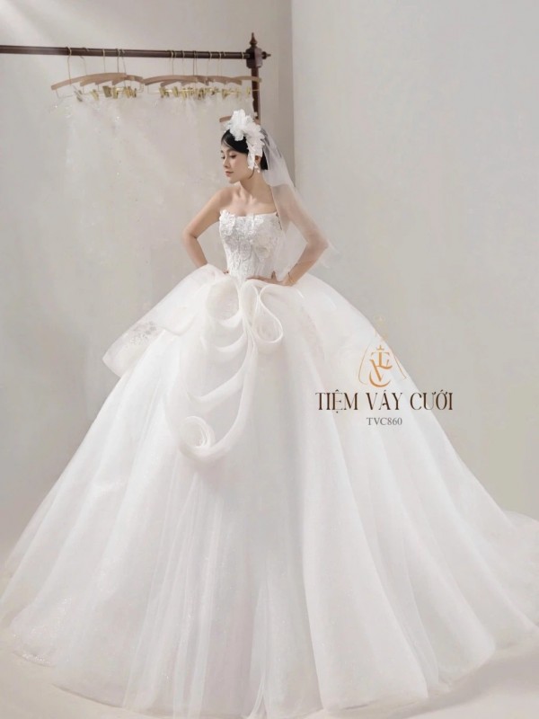 TVC860 Váy Cưới Làm Lễ, Váy Cưới Cô Dâu, Đầm Cưới Đi Tiệc, Cúp Ngực, Tùng Bồng, Xếp Ly