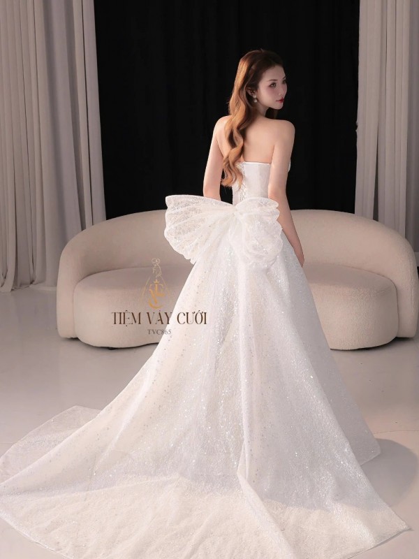 TVC865 Váy Cưới Đi Bàn, Váy Cưới Cô Dâu, Đầm Cưới Đuôi Cá, Cúp Ngực, Tà Dài, Nơ Lớn