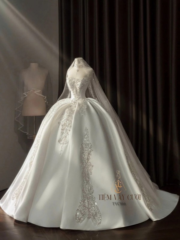 TVC866 Váy Cưới Làm Lễ, Váy Cưới Cô Dâu, Đầm Cưới Đi Tiệc, Cúp Ngực, Đính Đá, Cổ Rời