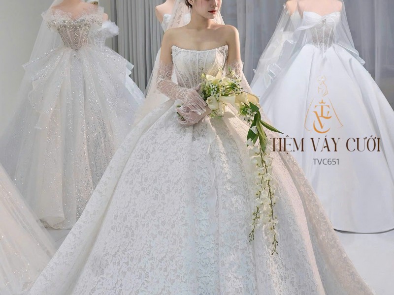 TVC651 Đầm Cưới Cô Dâu, Váy Cưới Đi Tiệc Ren, Cúp Ngực, Tùng Xếp Ly