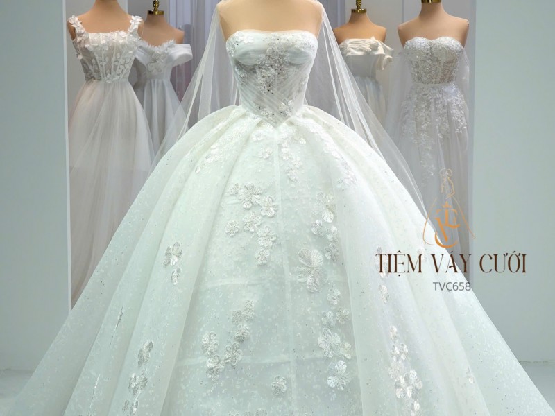 TVC658 Đầm Cưới Cô Dâu, Váy Cưới Tiệc Làm Lễ, Cúp Ngực, Tùng Bồng Bềnh
