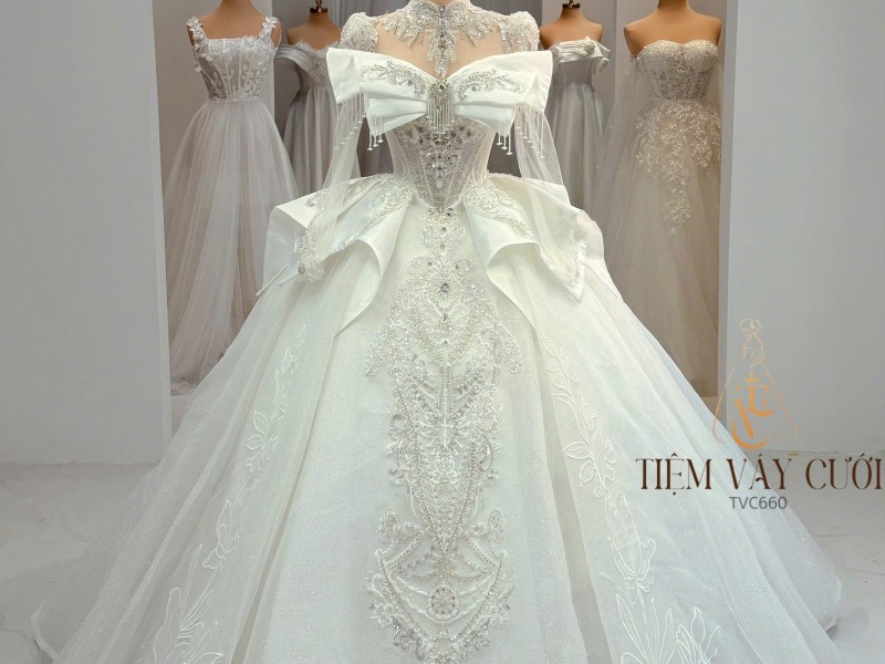 TVC660 Đầm Cưới Cô Dâu, Váy Cưới Tiệc Làm Lễ, Vân Đá, Dài Tay, Tùng Bồng
