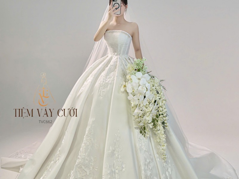 TVC662 Đầm Cưới Cô Dâu, Váy Cưới Tiệc Làm Lễ, Voan, Cúp Ngực ,Dáng Xòe